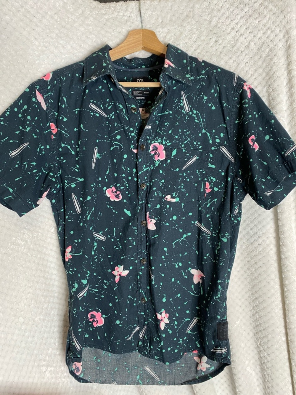 Quiksilver Short Sleeve Button Up with Pink Floral & Green Splatter